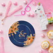 Oranje bloemen op Navy Blue Papieren Bordje (Feest)