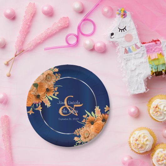  Oranje bloemen op Navy Blue Papieren Bordje (Feest)