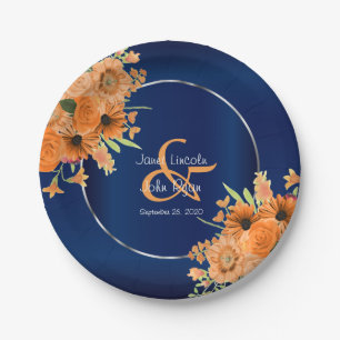 Oranje bloemen op Navy Blue Papieren Bordje