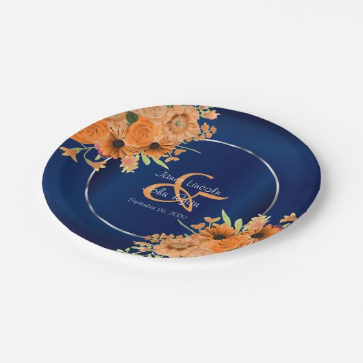  Oranje bloemen op Navy Blue Papieren Bordje (Gekanteld)