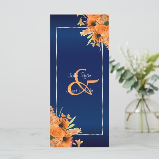  Oranje bloemen op Navy Blue Programmakaart (Staand voorkant)