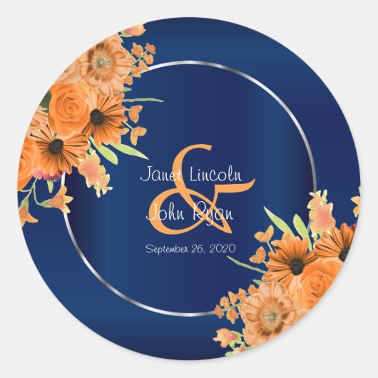 Oranje bloemen op Navy Blue Ronde Sticker (Voorkant)
