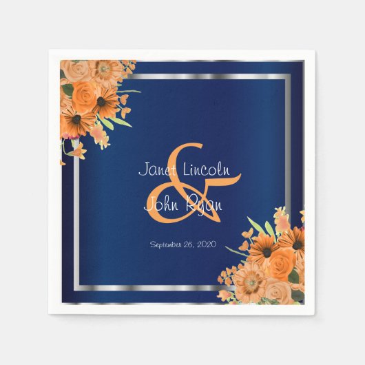  Oranje bloemen op Navy Blue Servetten (Voorkant)