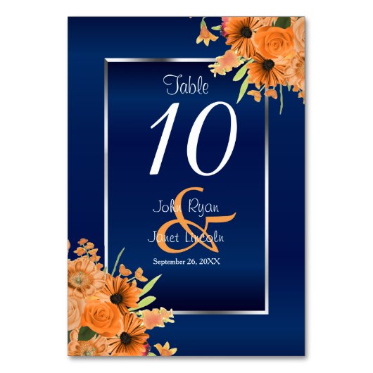 Oranje Bloemen op Navy Blue - Tafel Kaart (Voorkant)