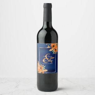 Oranje bloemen op Navy Blue Wijn Etiket