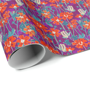 Oranje bloemen op paarse kussen cadeaupapier
