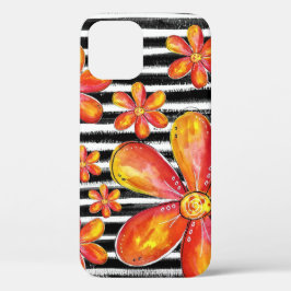 Oranje bloemen op zwarte strepen Case-Mate iPhone case