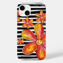 Oranje bloemen op zwarte strepen Case-Mate iPhone 14 hoesje