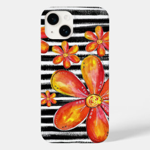 Oranje bloemen op zwarte strepen Case-Mate iPhone 14 hoesje