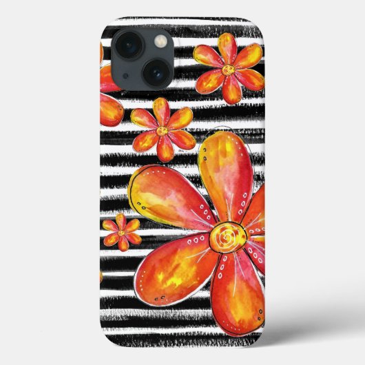 Oranje bloemen op zwarte strepen Case-Mate iPhone case (Achterkant)