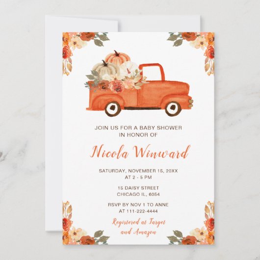Oranje Bloemen Pompoen Truck Baby shower Kaart (Voorkant)