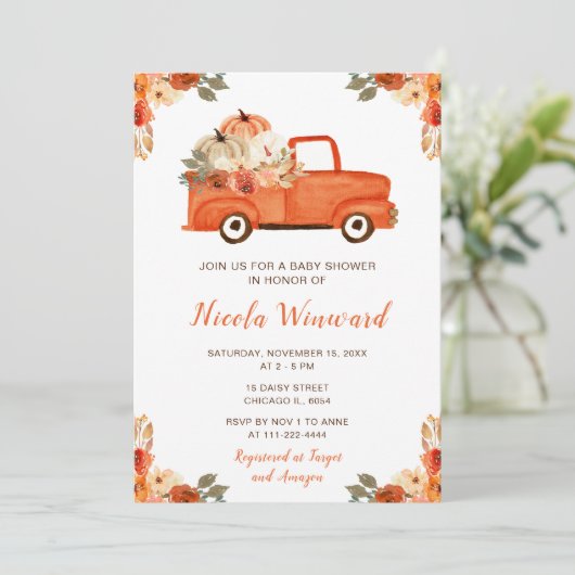 Oranje Bloemen Pompoen Truck Baby shower Kaart (Staand voorkant)