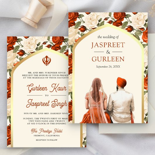 Oranje Bloemen Punjabi Anand Karaj Sikh Bruiloft Kaart