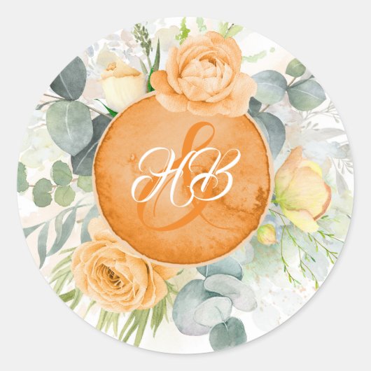 Oranje bloemen romantische boho bruiloft ronde sticker (Voorkant)