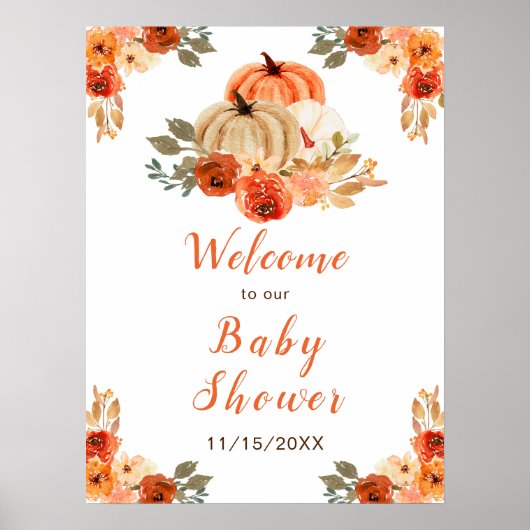 Oranje Bloemen Rustieke Pompoenen Baby shower Poster (Voorkant)