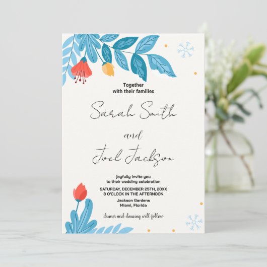 Oranje Bloemen Sneeuw Bruiloft Uitnodigingen (Staand voorkant)