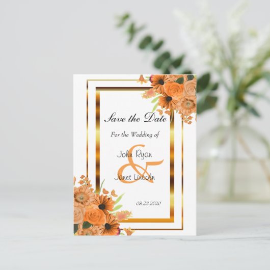 Oranje bloemen - sparen de Datum Aankondigingskaart (Staand voorkant)
