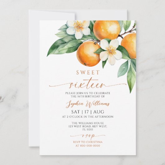 Oranje Bloemen Sweet 16 Verjaardag Uitnodiging (Voorkant)