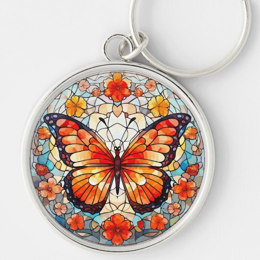 Oranje Bloemen Vlinder Glas in lood Sleutelhanger (Voorkant)
