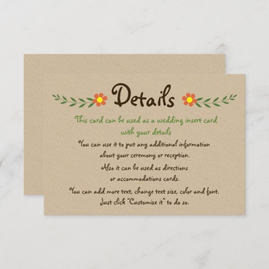 Oranje bloemen voor kraft bruiloft, kaart invoegen (Voorkant / Achterkant)