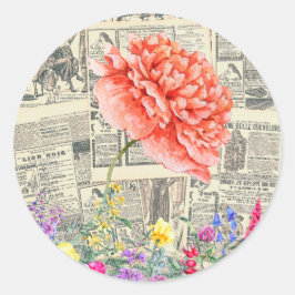 Oranje Bloemen, Waterverf, Oude Kranten Ronde Sticker