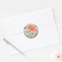 Oranje Bloemen, Waterverf, Oude Kranten Ronde Sticker