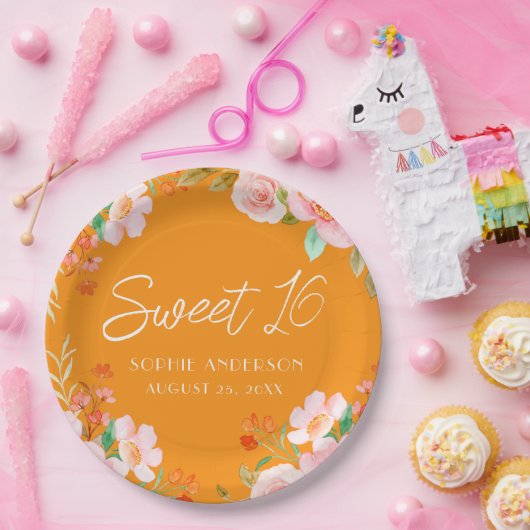 Oranje Bloemen Zoet 16 Verjaardag Party Bord (Feest)