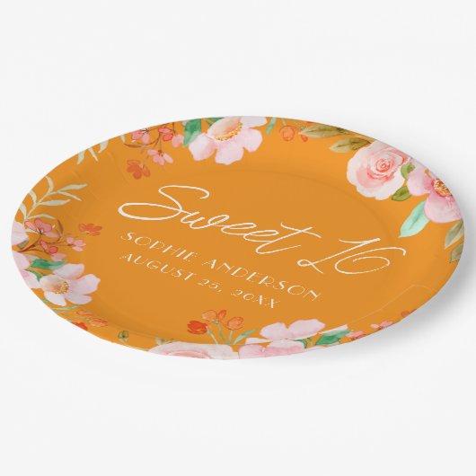 Oranje Bloemen Zoet 16 Verjaardag Party Bord (Gekanteld)