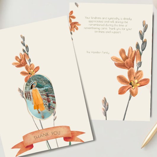 Oranje bloemenfoto begrafenissympathie dank u kaart