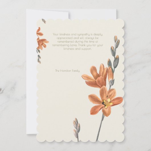 Oranje bloemenfoto begrafenissympathie dank u kaart (Achterkant)