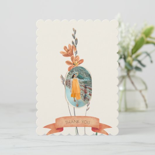 Oranje bloemenfoto begrafenissympathie dank u kaart (Staand voorkant)