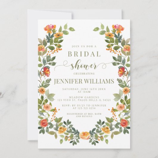Oranje bloemenkrans Bruidsdouche Uitnodiging (Voorkant)