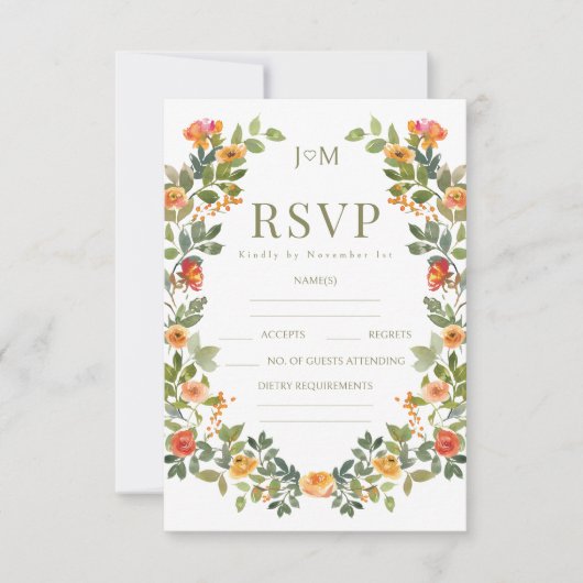 Oranje bloemenkrans rustieke bruiloft RSVP kaarten (Voorkant)