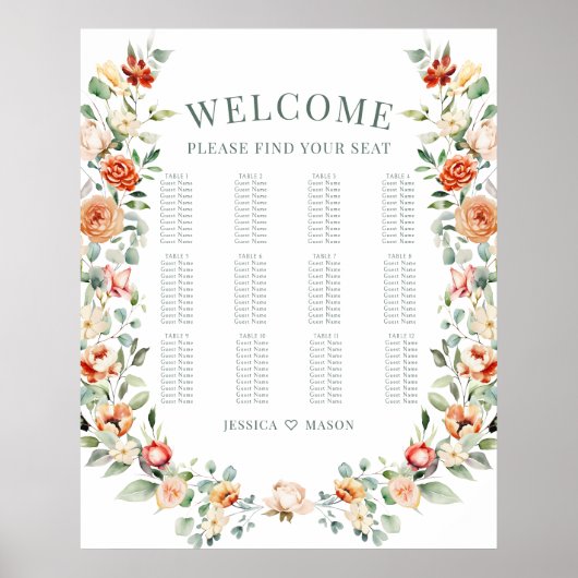 Oranje bloemenkrans tuin bruiloft zitgrafiek poster (Voorkant)