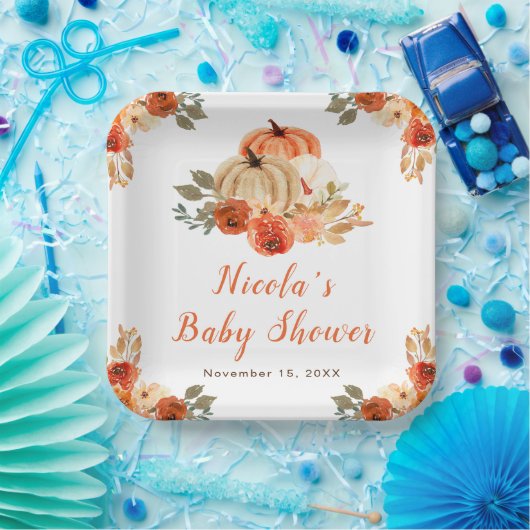 Oranje bloemenpompoenen Baby shower Papieren Bordje (Feest)