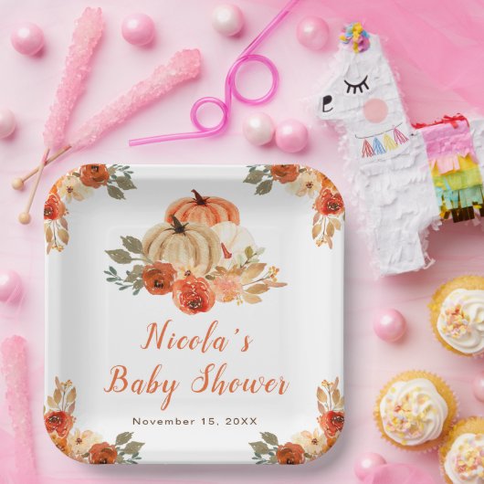 Oranje bloemenpompoenen Baby shower Papieren Bordje (Feest)