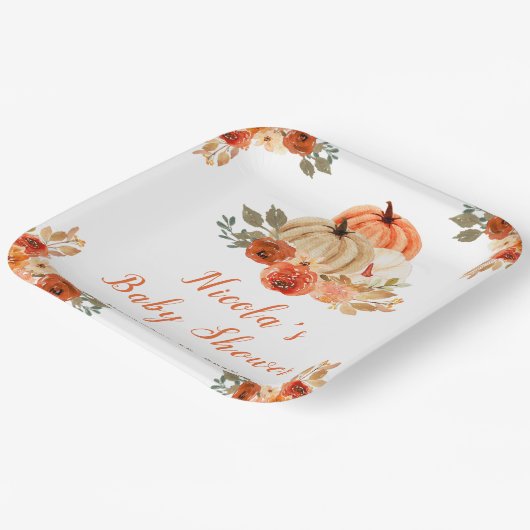 Oranje bloemenpompoenen Baby shower Papieren Bordje (Gebogen)
