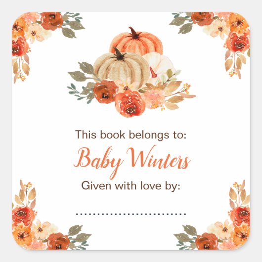 Oranje bloemenpompoenen Baby shower Vierkante Sticker (Voorkant)