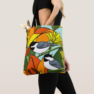 Oranje bloemenprint en chickadees tote bag