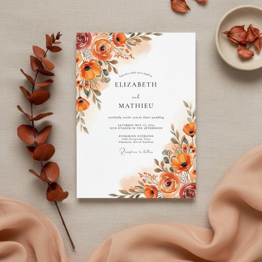 Oranje Bloemenschildering Bruiloft Kaart