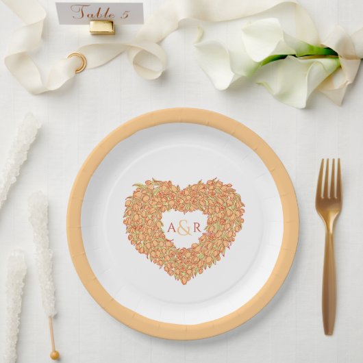 Oranje bloemenslantaarnpalm bouquet monogram papieren bordje (Huwelijk)