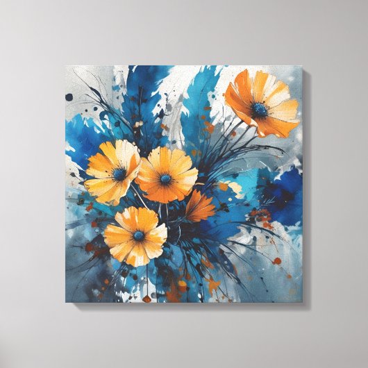 Oranje bloemenuitbarsting met blauwe Waterverf Canvas Afdruk (Voorkant)