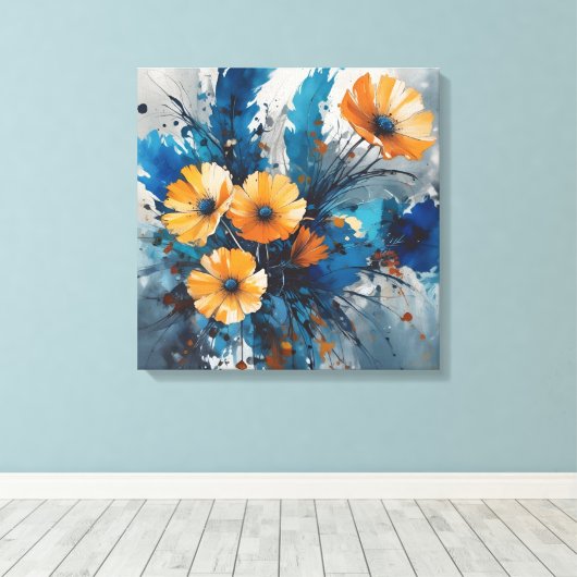 Oranje bloemenuitbarsting met blauwe Waterverf Canvas Afdruk (Insitu (Houten vloer))