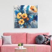 Oranje bloemenuitbarsting met blauwe Waterverf Canvas Afdruk (Insitu (Woonkamer))