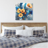 Oranje bloemenuitbarsting met blauwe Waterverf Canvas Afdruk (Insitu (Slaapkamer))