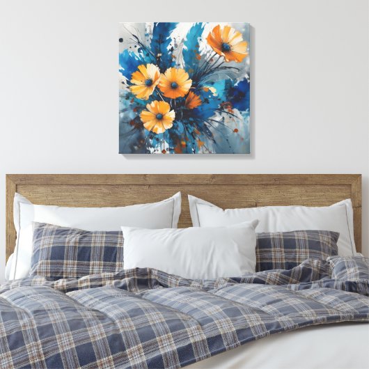 Oranje bloemenuitbarsting met blauwe Waterverf Canvas Afdruk (Insitu (Slaapkamer))