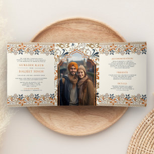 Oranje Bloemige All in One Anand Karaj Sikh Huweli Drieluik Uitnodiging