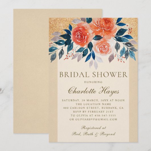 Oranje Bloemige Aquarel Elegante Bruidsdouche Kaart (Voorkant / Achterkant)