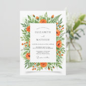 Oranje Bloemige Botanische Bruiloft Kaart (Staand voorkant)
