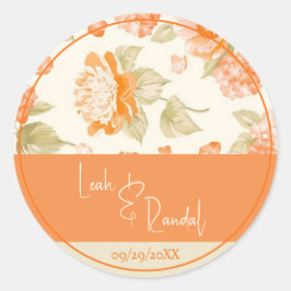 Oranje Bloemige Bruiloft Ronde Sticker